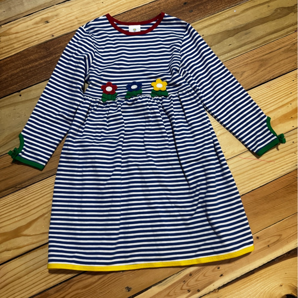 Florence Eiseman Blue and White Striped Dress with Colorful Flowers